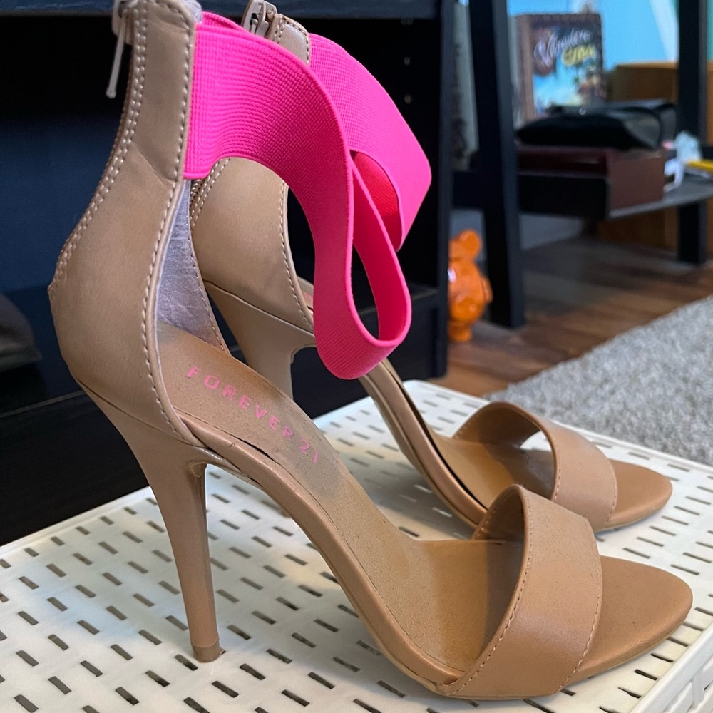 Tan Stiletto with Fluorescent Pink Ankle Strap